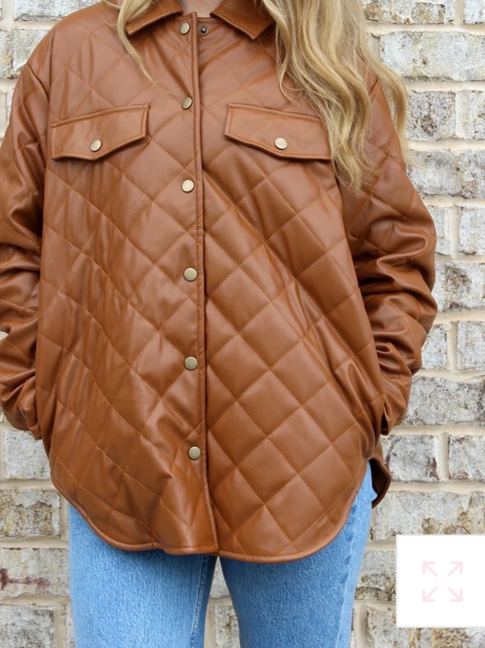 Jen & Co Quilted Faux Leather Shacket in Cognac